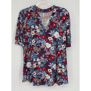 Anyally Women's Blue‎ Red Floral V Neck Short Sleeve Tunic Top Blouse Sz 2XL